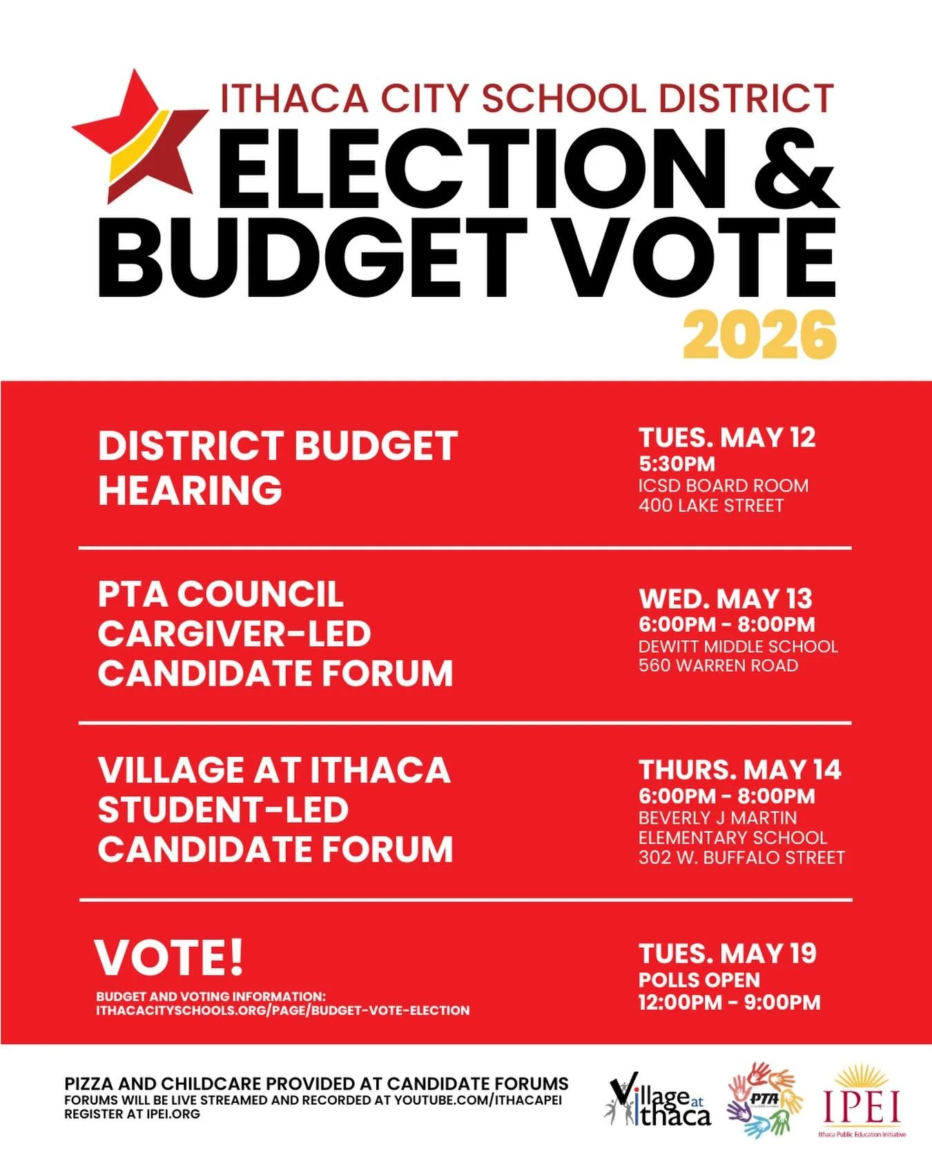 Happy Teacher Appreciation Day! We&rsquo;re 2 weeks away from the 2026 @ithacacityschools Budget Vote and Election on Tuesday May 19 🗳️. Meet the school board candidates at two upcoming forums next week (pizza and childcare included!). Head to the l