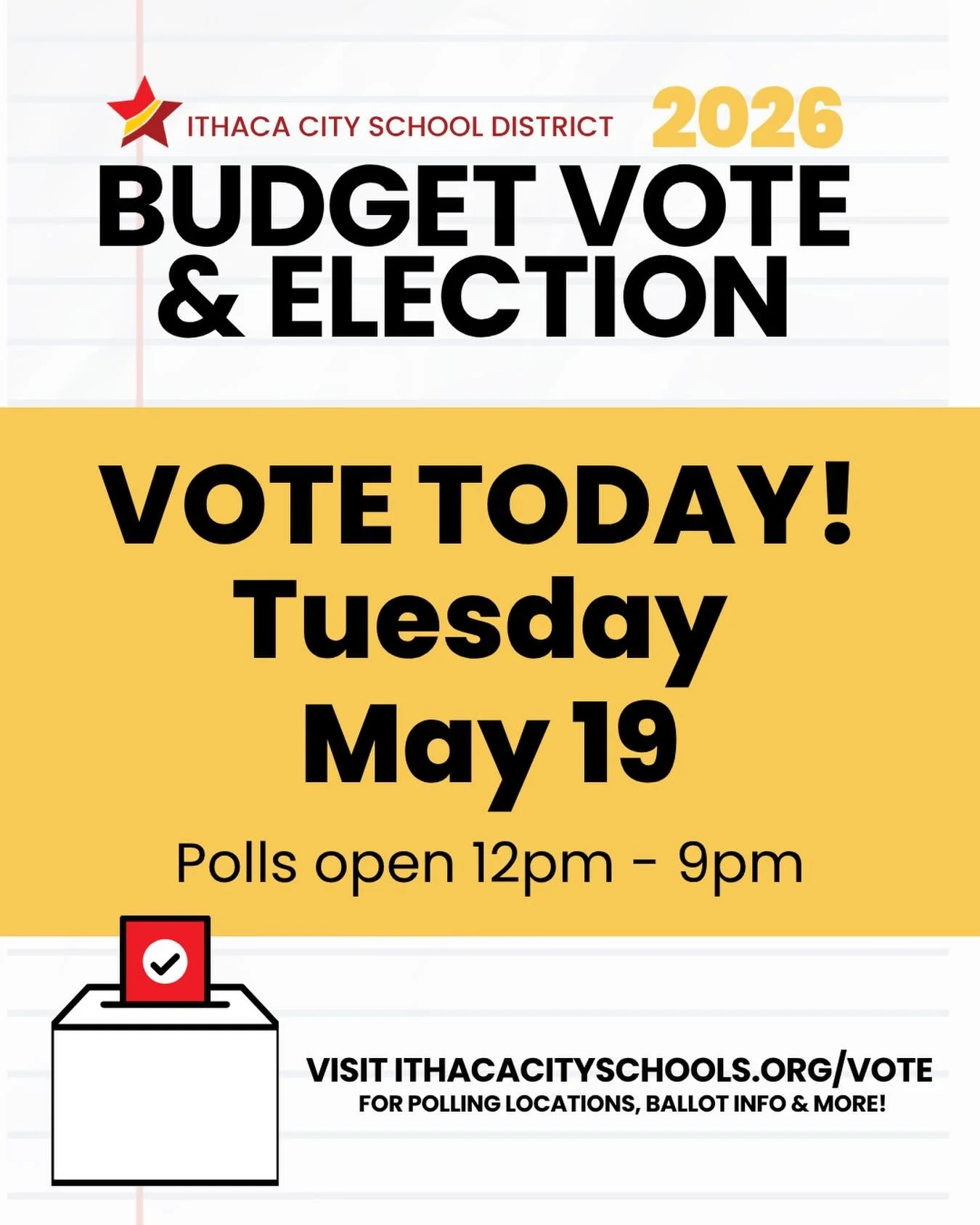 Vote today with students and teachers in mind! Head to the link in our bio or go to www.ithacacityschools.org/vote for polling locations, budget info, board candidate bios and more to &ldquo;study up&rdquo; before you cast your ballot. 

#ithacacitys