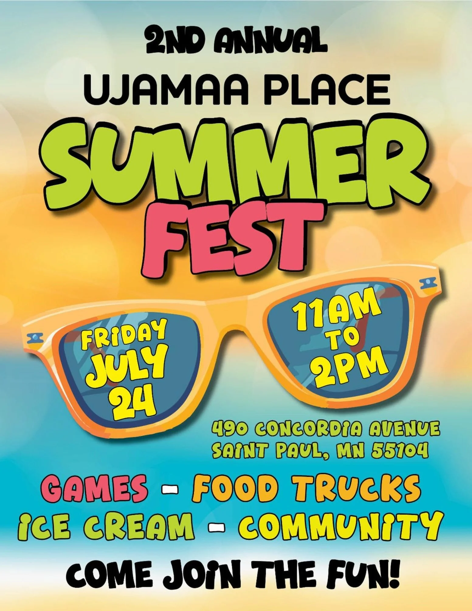 Come join us at our 2nd annual Summer Fest!

July 24th at 11am - 2pm 🕑 

Meet us at the Ujamaa Place building for FREE
Games 🎮 
Food 🍽️ 
Ice cream🍦 
and community!