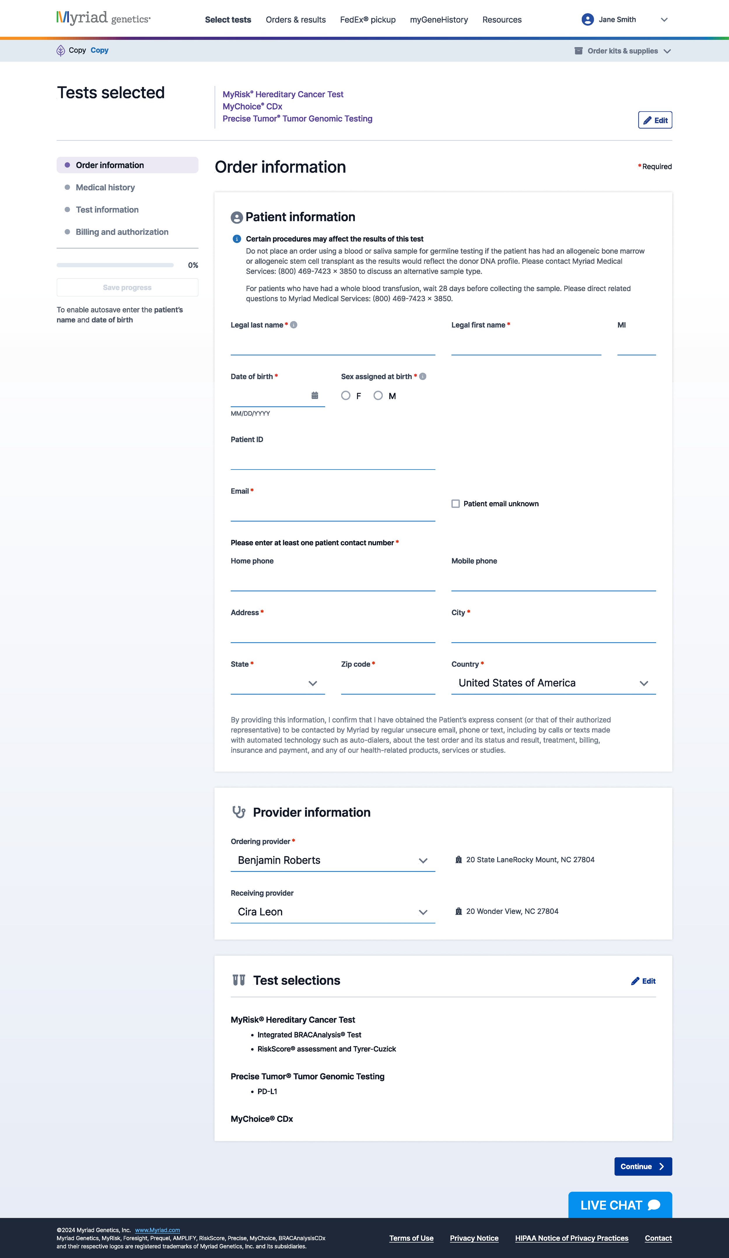 Digital test request form
