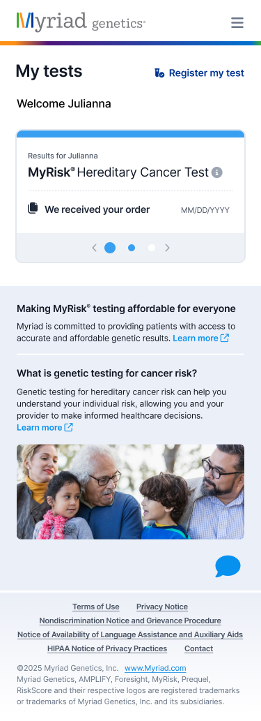 Mobile view of patient portal test landing page