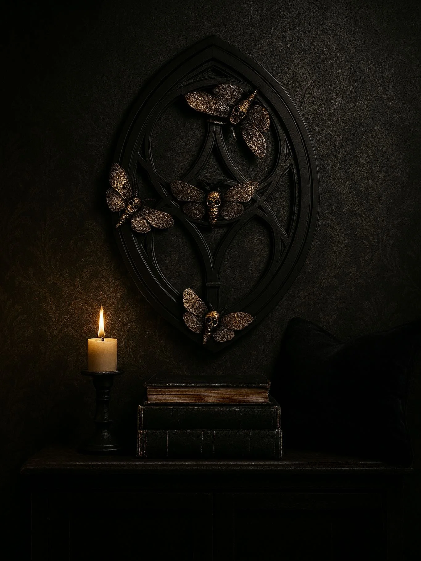 🕯 Cathedral of Silence 🕯

A shrine for the stillness between heartbeats. This gothic wall piece weaves ornate cathedral lines with the haunting beauty of death&rsquo;s-head moths, gilded in antique gold. Perfect for summoning a quiet, reverent dark