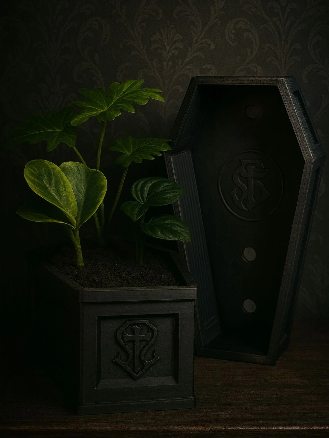 ⚰️🌿 Mourning Garden 🌿⚰️

Our third release in the planter series rises from the soil of shadow&mdash;a coffin-shaped vessel adorned with the Summoned + Saints sigil. Built for those who want their greenery to rest beautifully in eternal gloom.

Bec