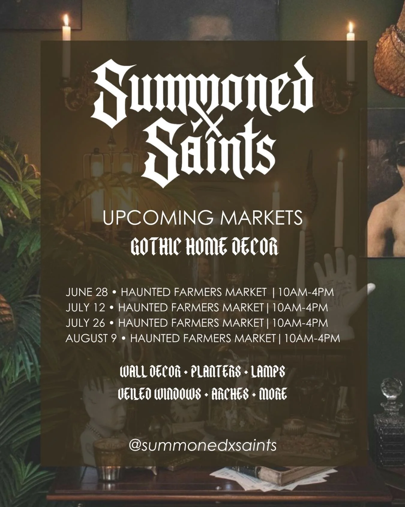 🖤 Summerween season is here, and we can&rsquo;t wait to spend it with you. 🖤

Catch Summoned + Saints at all four Haunted Farmers Market dates in Tacoma this summer from 10AM&ndash;4PM. Whether you&rsquo;re a longtime supporter or discovering us fo