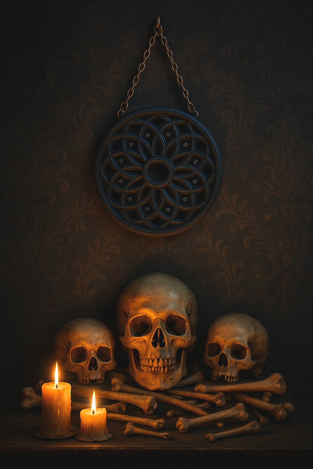 Three human skulls arranged on a table with bones scattered around, lit by two candles, with a decorative veil window hanging on the dark wall above.