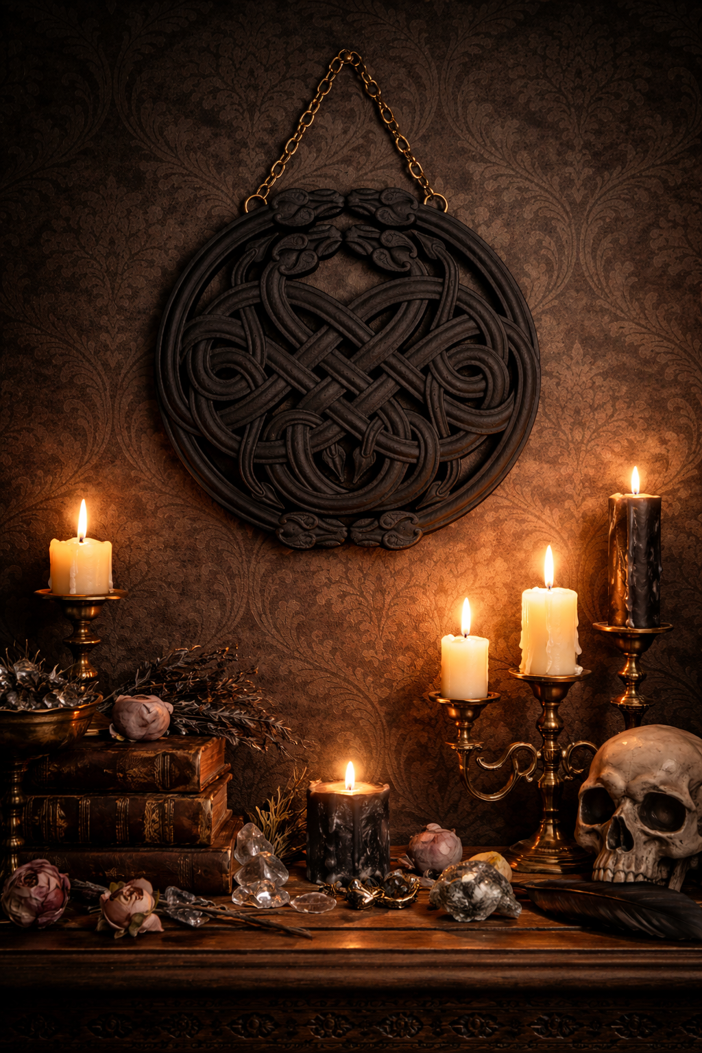 A dark wooden wall with a carved circular Celtic knot rose-window from a gold chain. A table in front has lit candles, a skull, books, dried flowers, crystals, and decorative objects, creating a gothic, mystical ambiance.