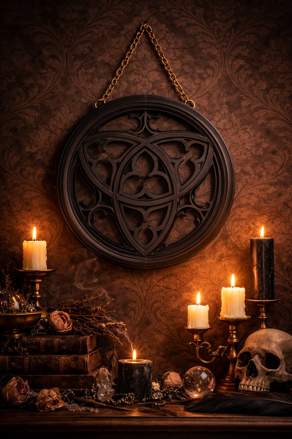 A dark, gothic still life scene featuring a wall hanging with a pentagram design, lit candles on candleholders, a human skull, dried roses, a black feather, and crystal balls on vintage books, all set against ornate wallpaper.