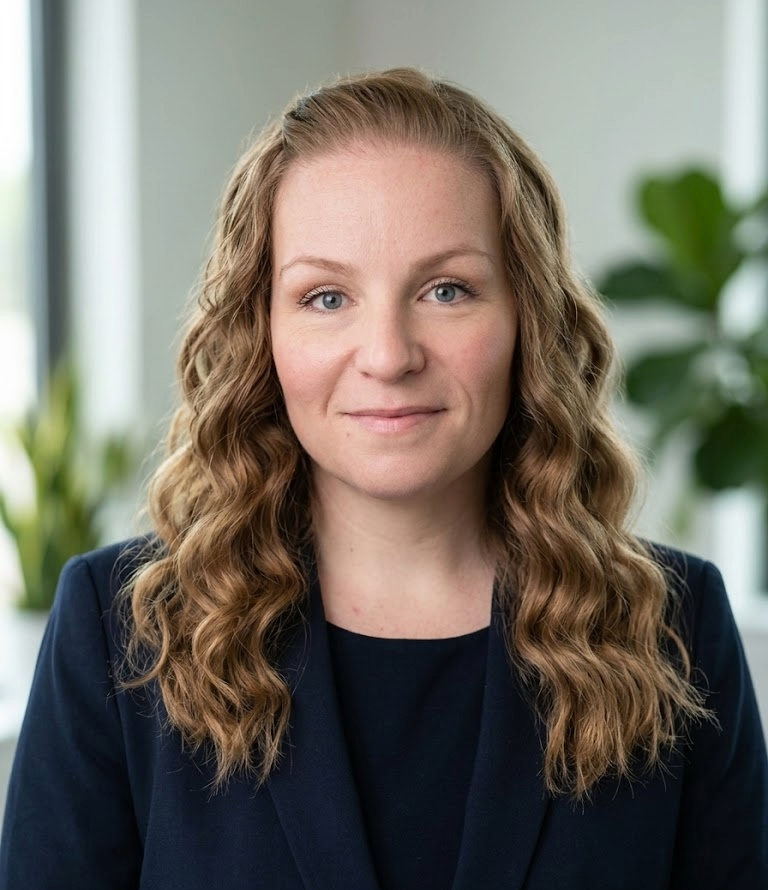 Portrait of a woman with curly red hair wearing a navy blazer, in an office setting with plants in the background.