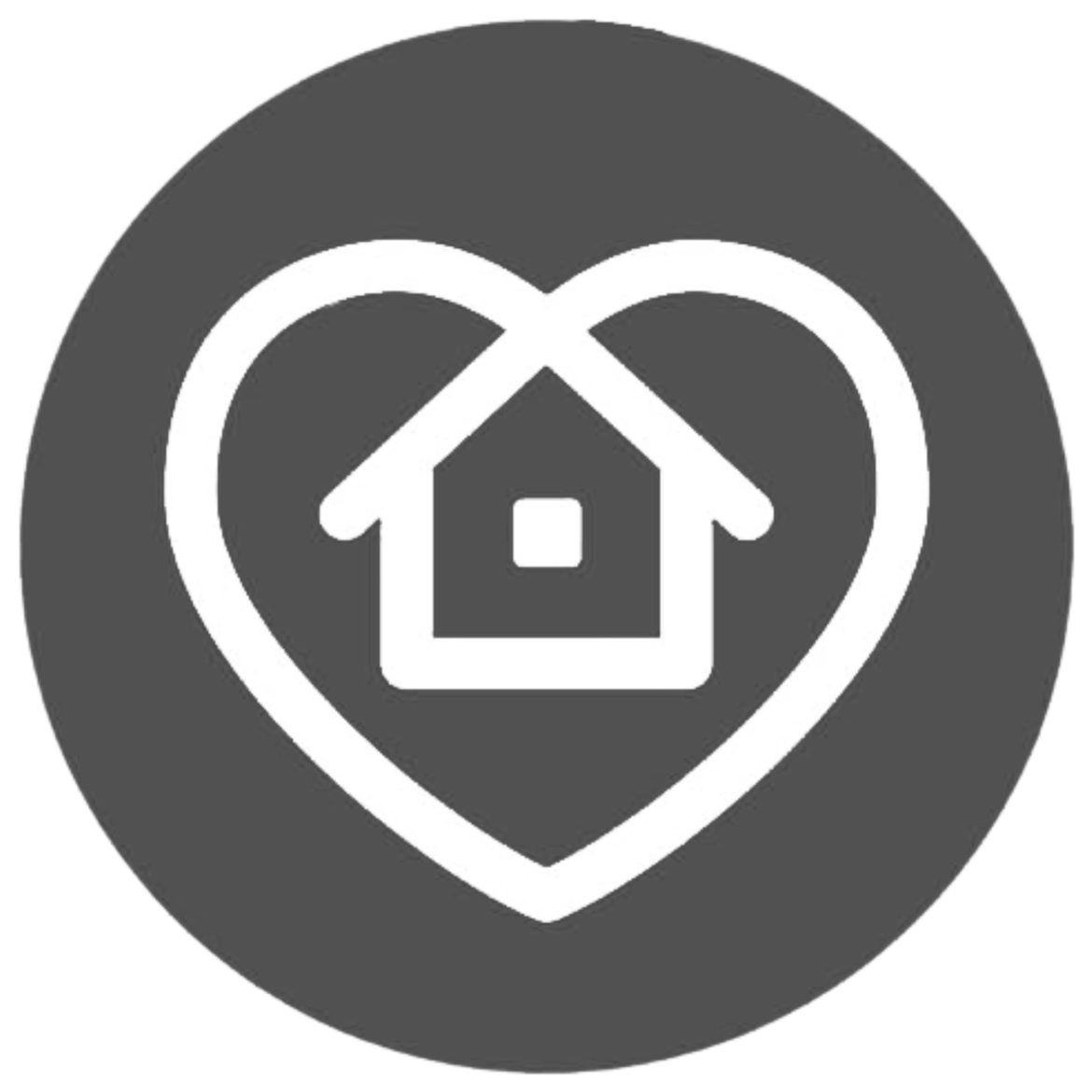 A heart shape with a house inside, surrounded by a dark gray circle.