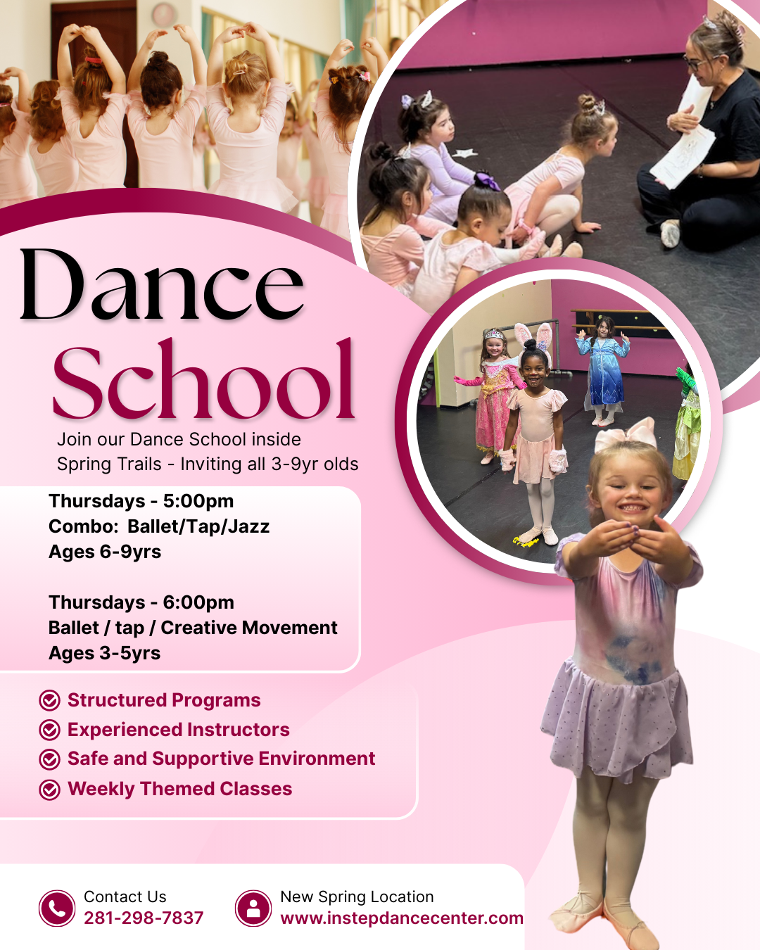 Flyer advertising a children's dance school with photos of young girls in dance costumes and practice sessions, details of class schedules, age groups, and contact information.