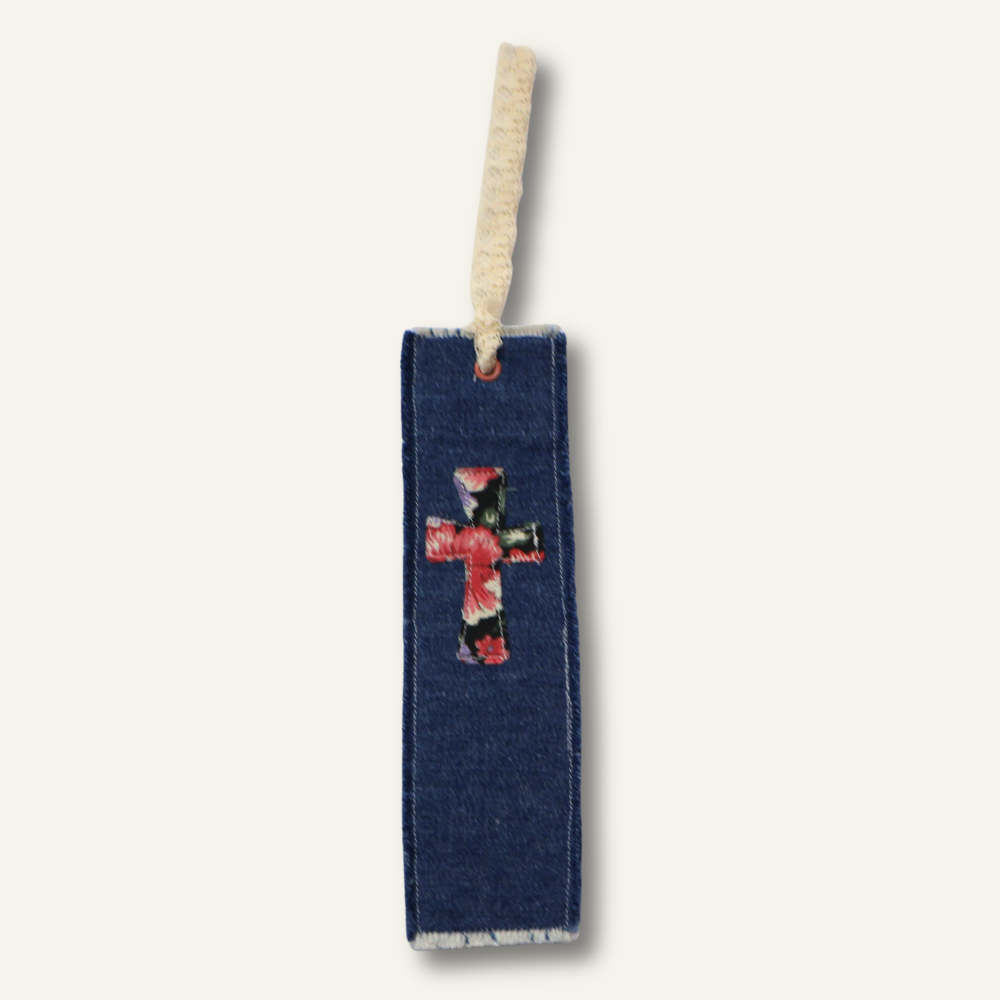 Handcrafted Denim Floral Cross Bookmark