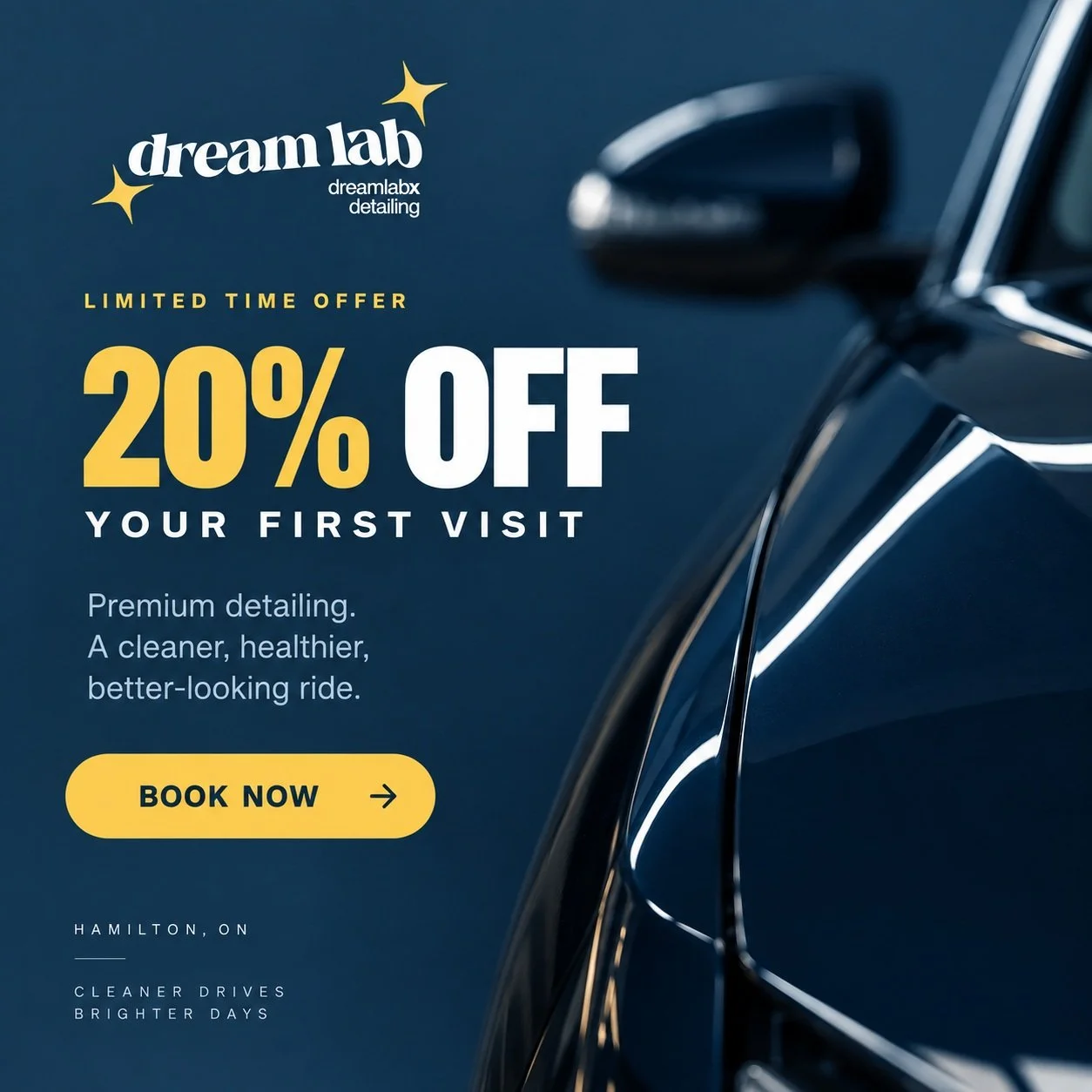 Your first DreamLabX experience just got better. ✨ 
For a limited time, first-time customers get 20% OFF their first appointment. 
Whether your vehicle needs a full interior reset, exterior refresh, or the premium treatment, we&rsquo;re here to bring