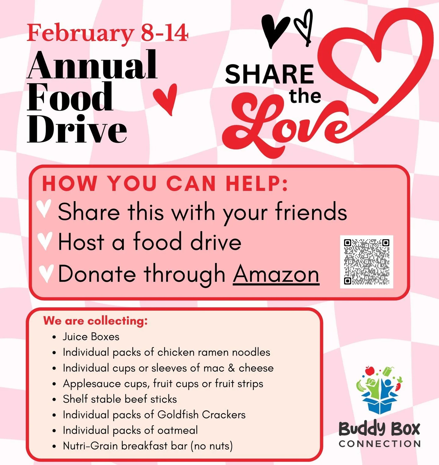 Our annual Share the Love food drive starts this weekend and there are lots of ways you can help! Mark your calendars and make a plan to support the Buddy Box program!

#sharethelove❤️ #communitysupport #buddyboxes