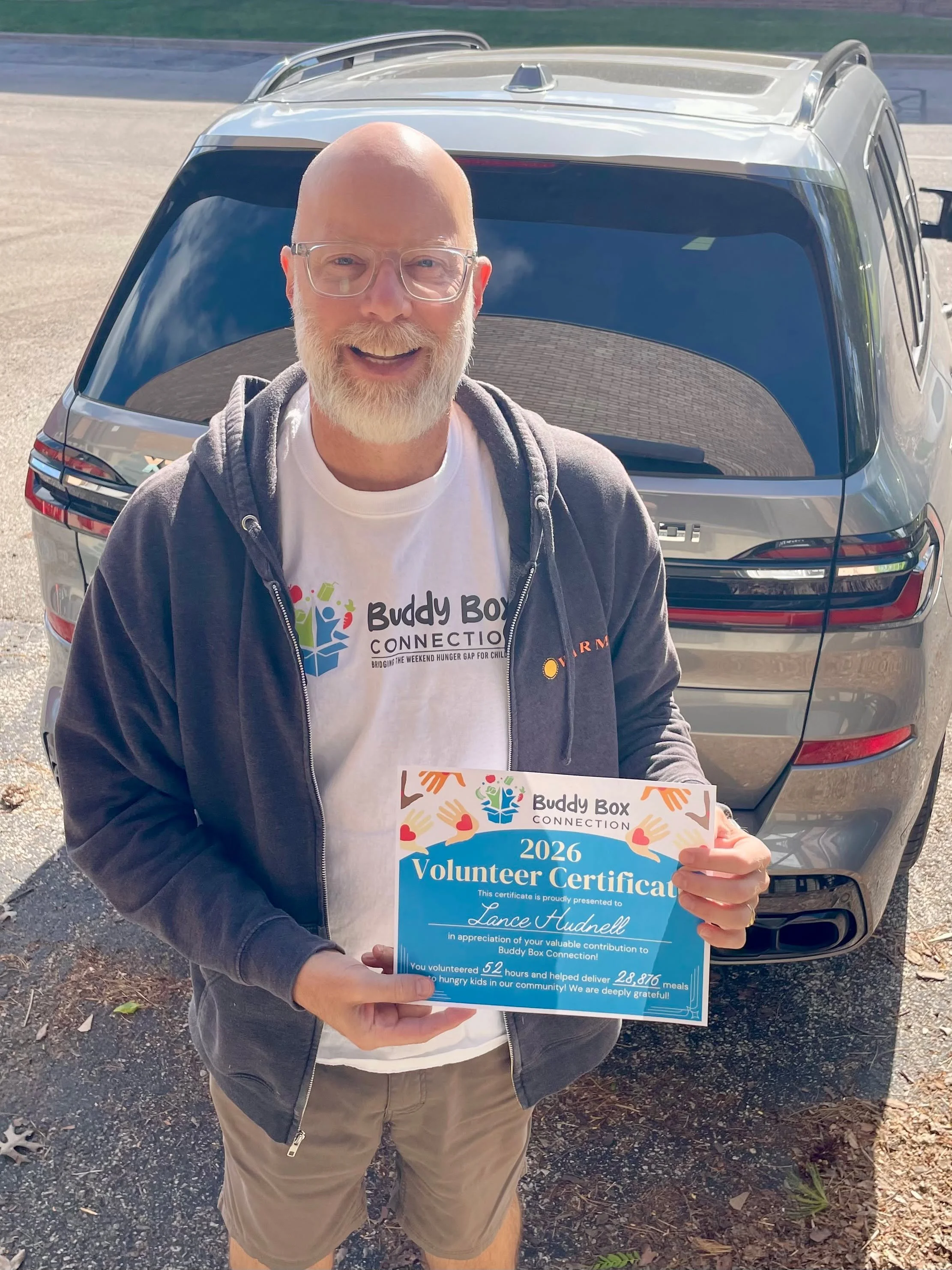 Shout-out to our exceptional volunteer, Lance Hudnell! 
Lance is always ready to lend a hand &mdash; whether it&rsquo;s delivering Buddy Boxes or picking up food to help stock our warehouse. This school year alone, Lance volunteered 52 hours and help