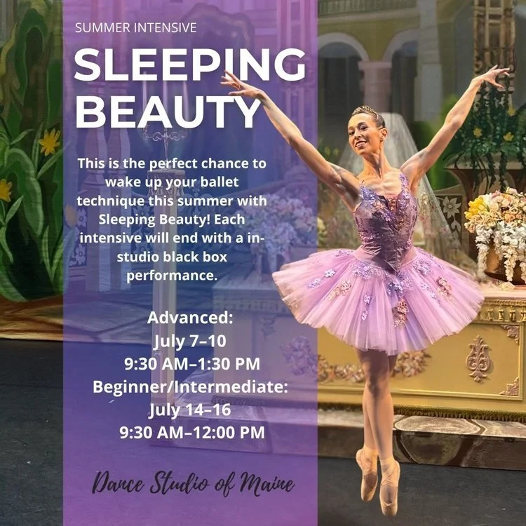 A ballet dancer in a pink tutu posing with her arms raised in a dance studio with floral decorations and colorful background.