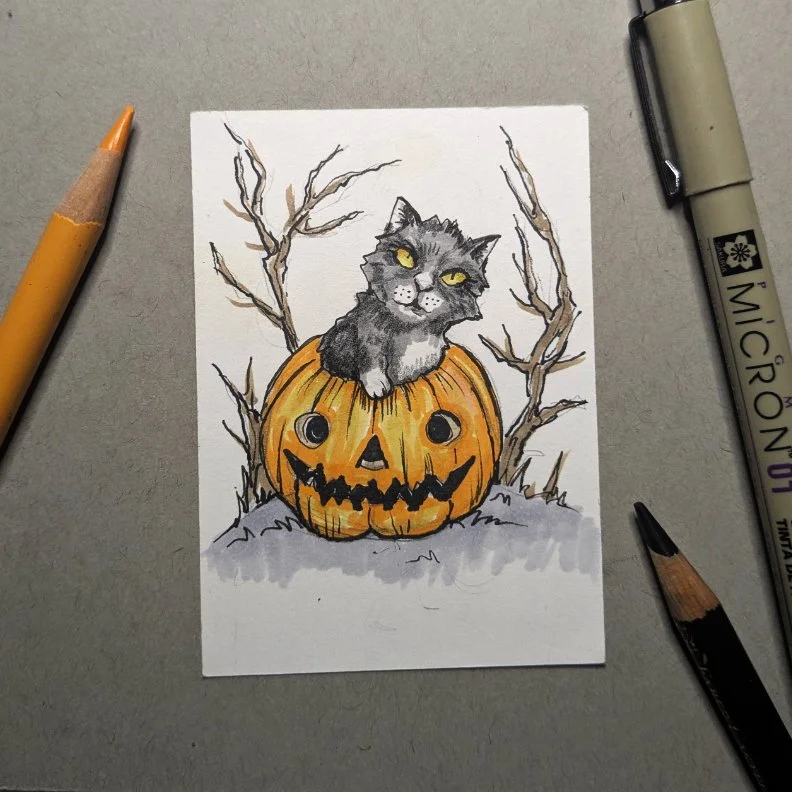 Hallo Cat Halloween Mini Original 2.5" x 3.5" Drawing
