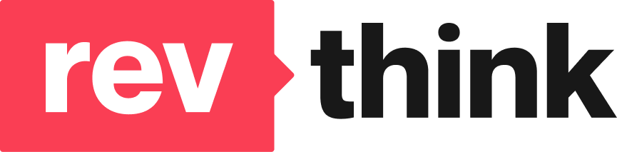 The image contains the words 'rev' in white on a red background arrow and 'think' in black on a white background.
