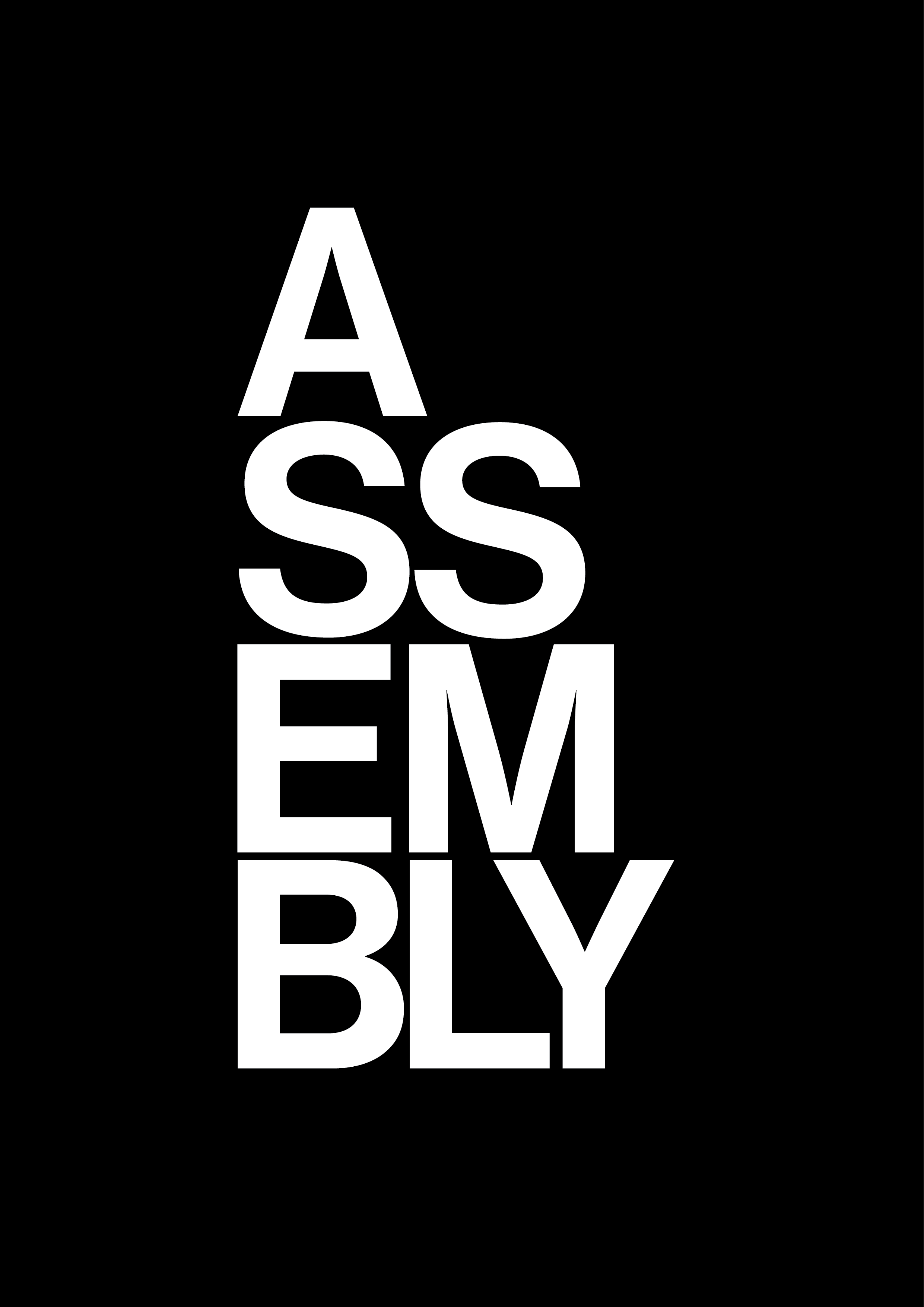 Black background with white text that reads 'ASSEMBLY' arranged vertically.