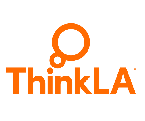 ThinkLA logo with orange text and symbol on a black background.
