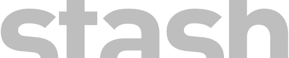 Close-up of the word 'stash' in gray letters on a black background.