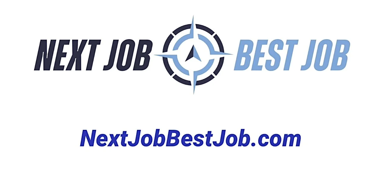 Logo for NextJob, featuring a target with an arrow, with the text "Next Job" on the left and "Best Job" on the right, and the website address NextJobBestJob.com below.