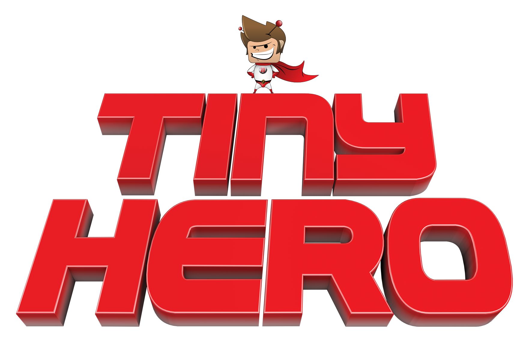 A cartoon character dressed as a superhero standing on top of the words "Toy Hero" written in large red 3D letters.
