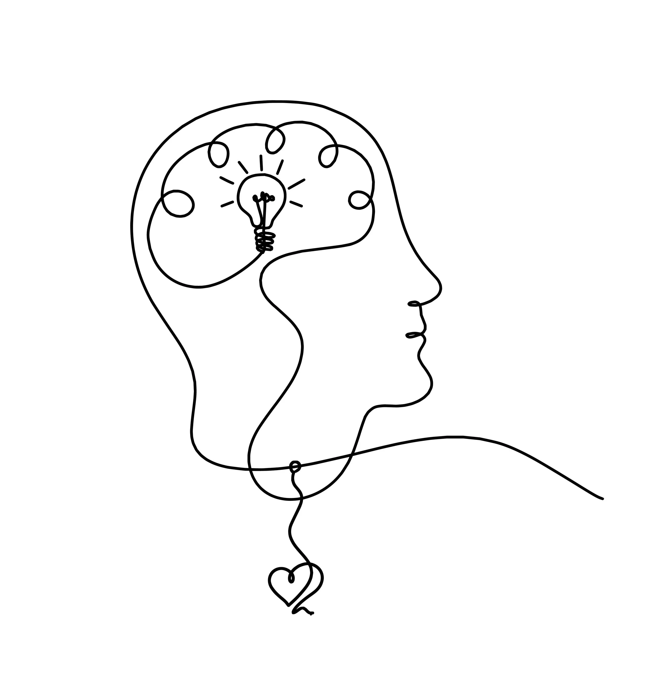 Line drawing of a woman's profile with a heart-shaped locket hanging from her neck, and her brain depicted as a lightbulb and a clock, symbolizing ideas and time.