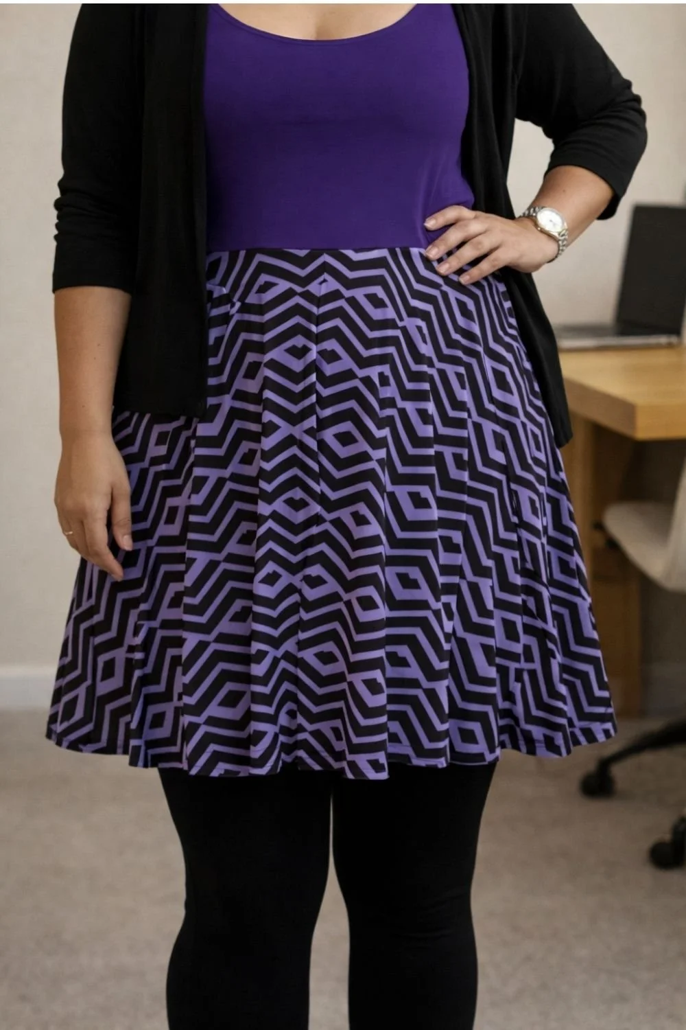 Women’s Purple Geometric Skater Dress: Dark Purple Bodice with Soft Lavender Patterned Skirt