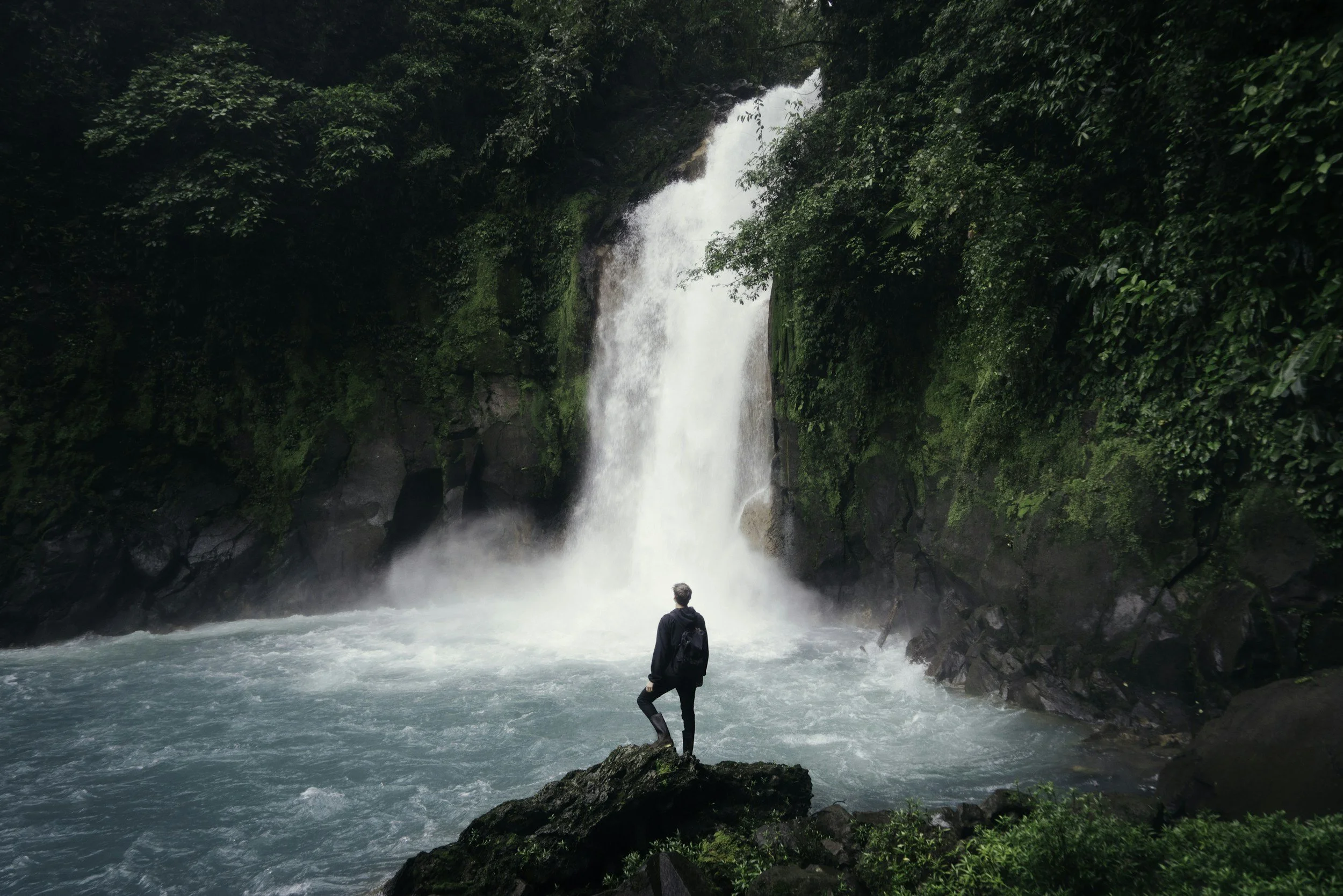 A person standing on a rock in front of a waterfall surrounded by lush greenery.