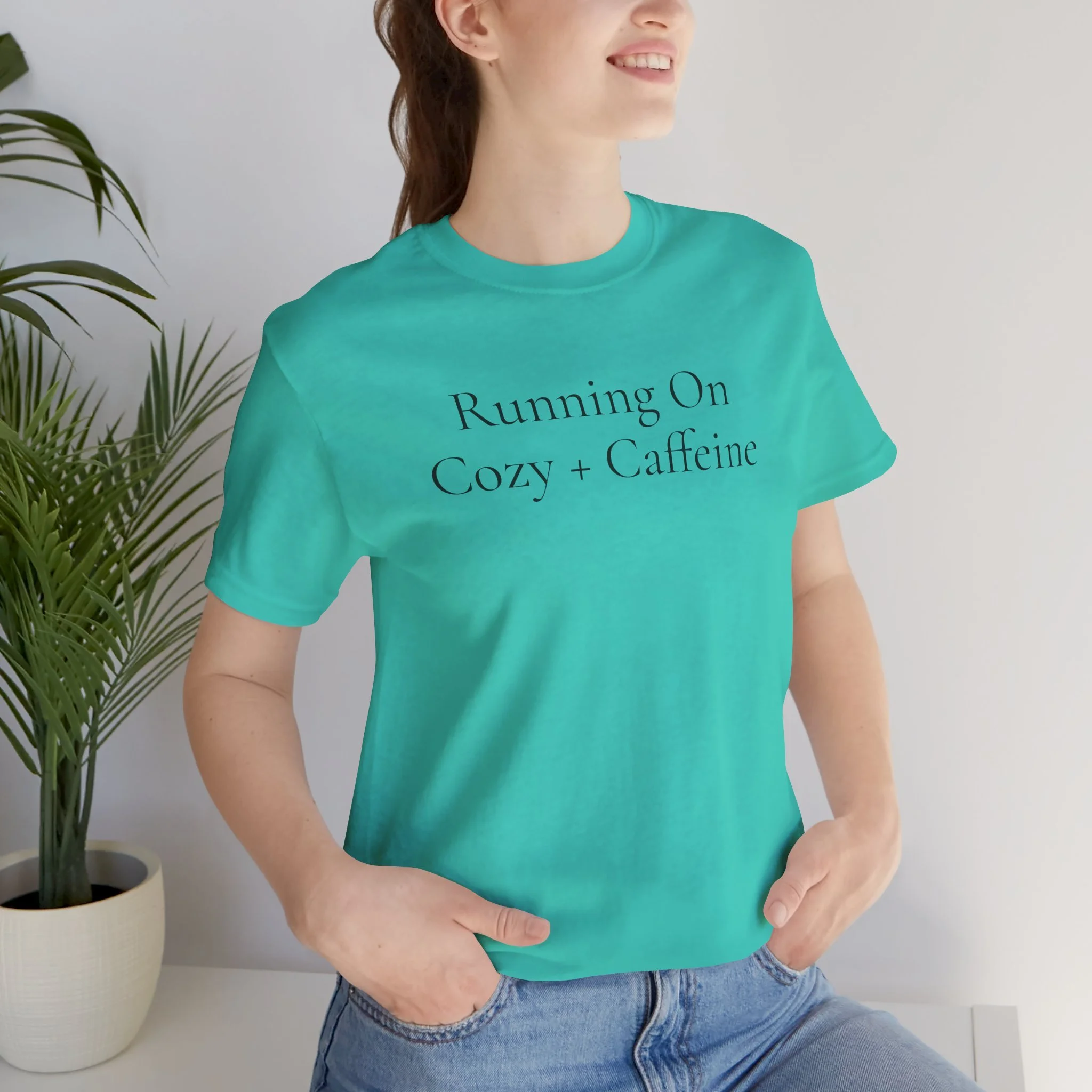Running on Cozy + Caffeine Tee: Soft Everyday T-Shirt in Black, Teal and Purple
