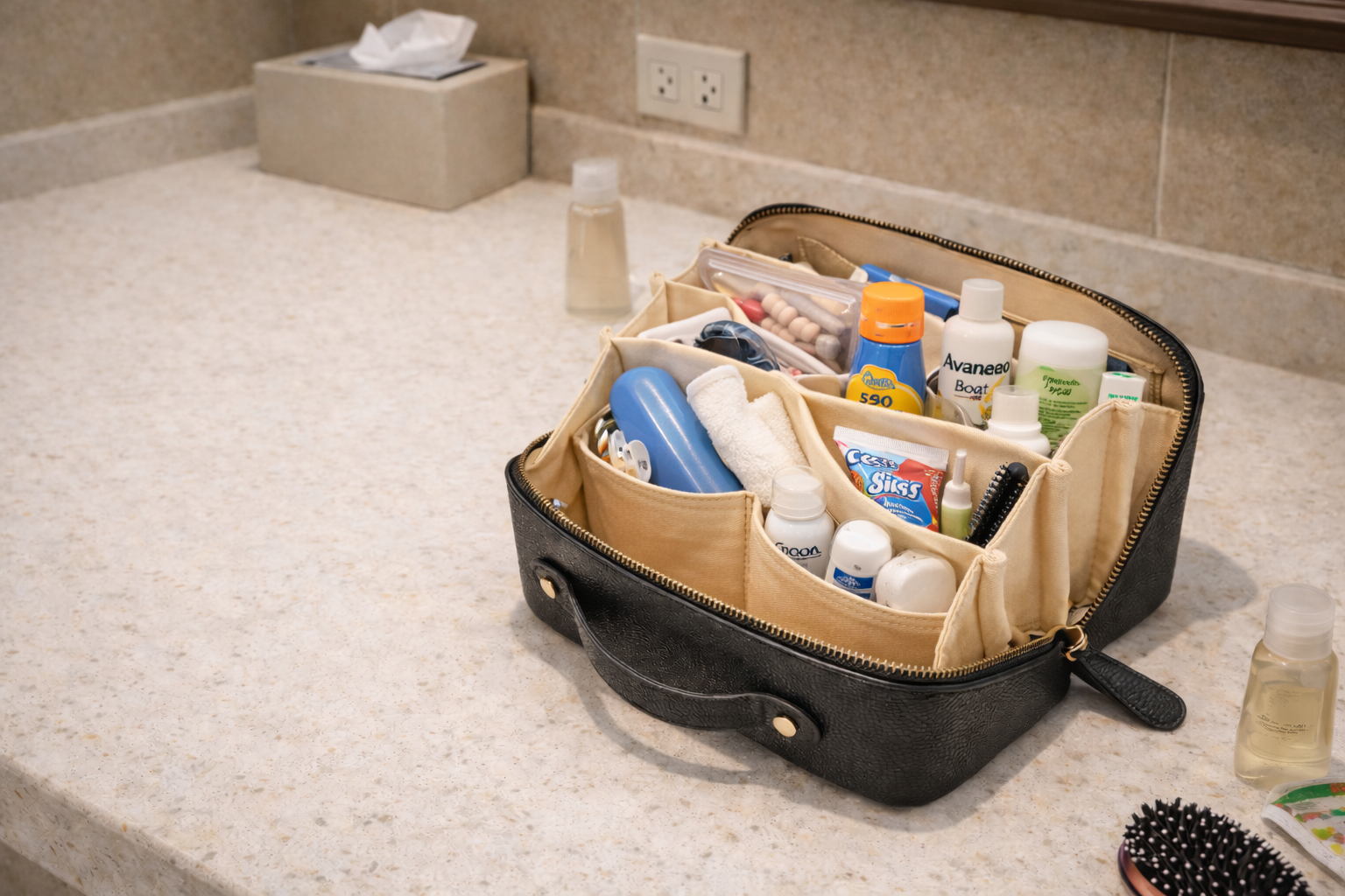 A Large Travel Makeup Bag That Makes Family Trips Smoother (Waterproof, Opens Flat, 3L Organizer with Dividers)