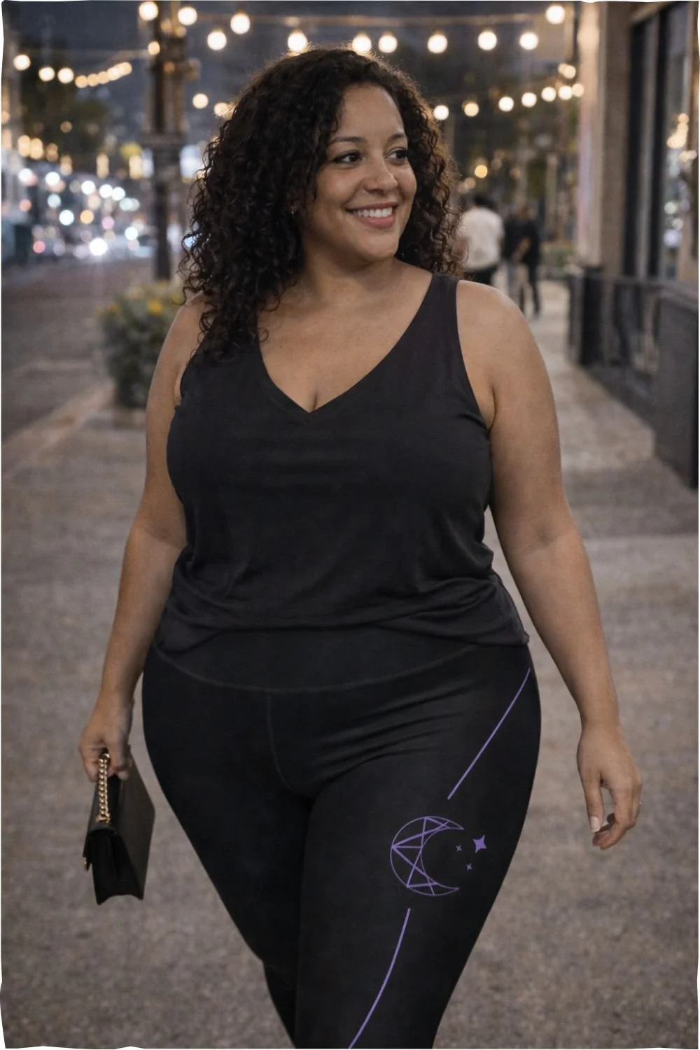 Women’s Black High-Waisted Leggings, Lunar Path Moon & Star Detail