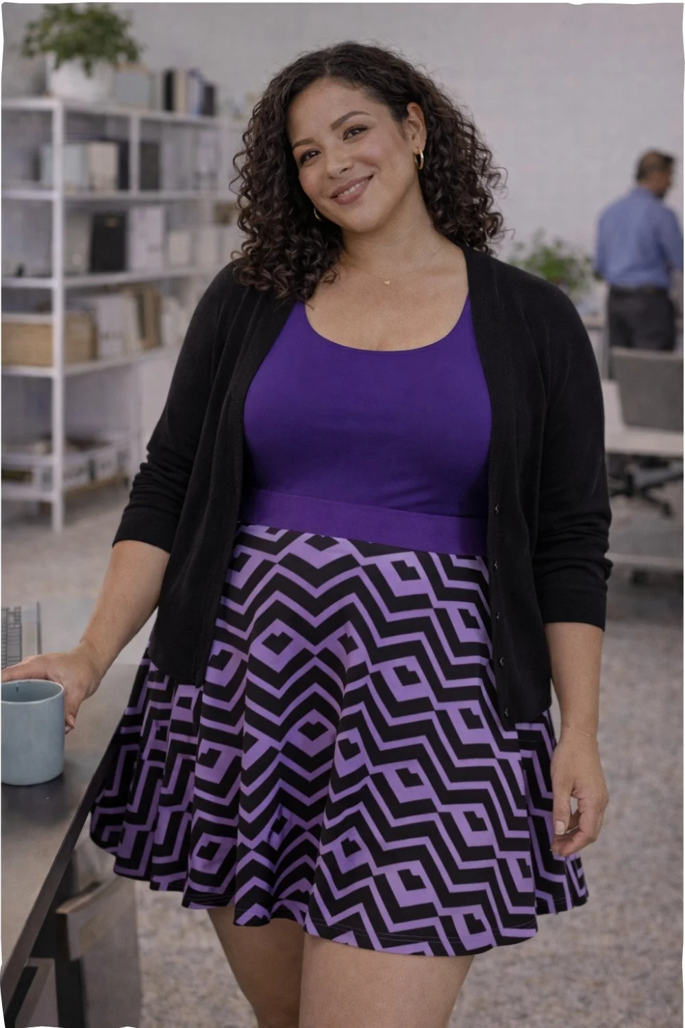 Women’s Purple Geometric Skater Skirt: Dark Purple High Waist with Soft Lavender Pattern