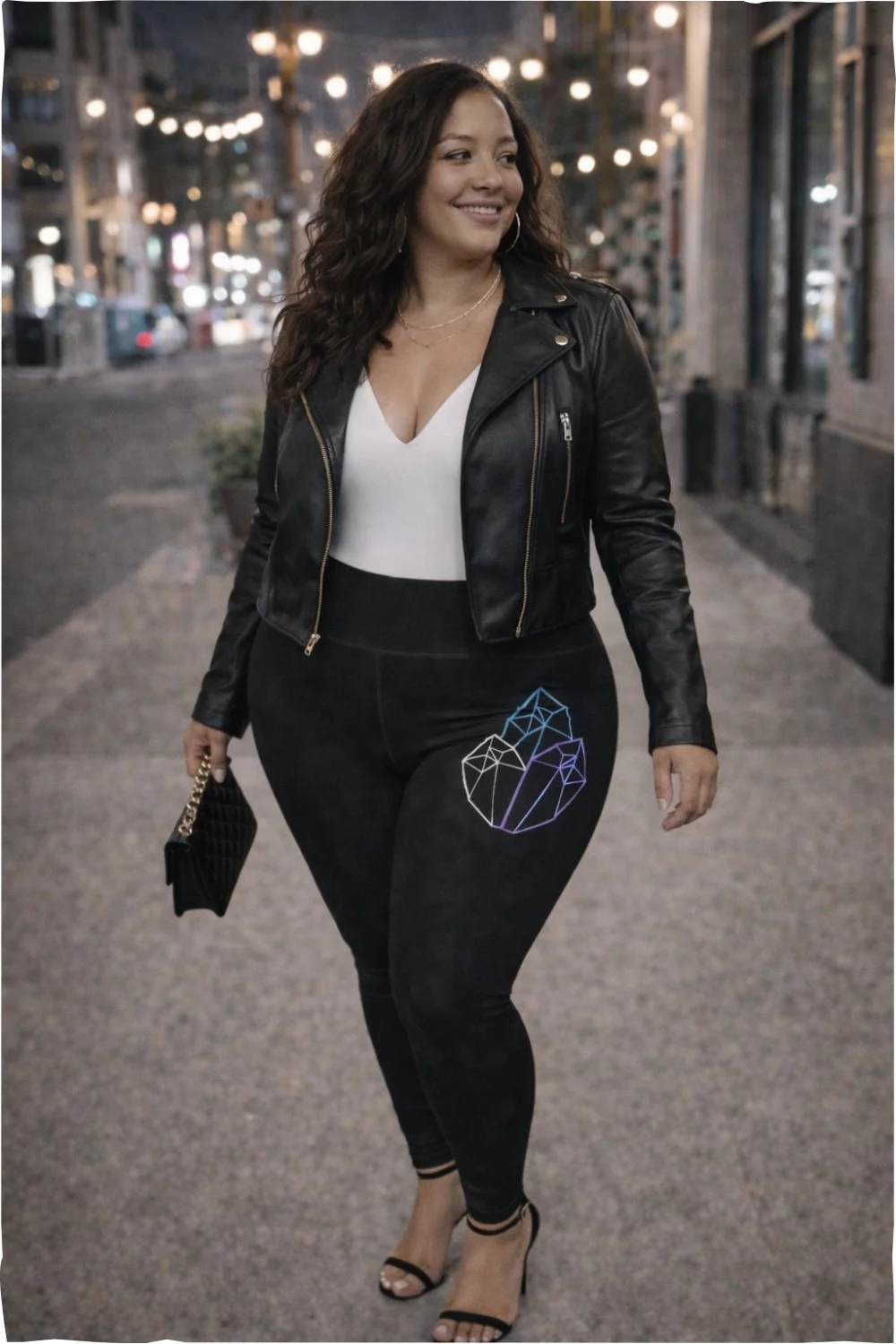 Women’s Black High-Waisted Leggings, Crystal Rise Geometric Upper Leg Detail