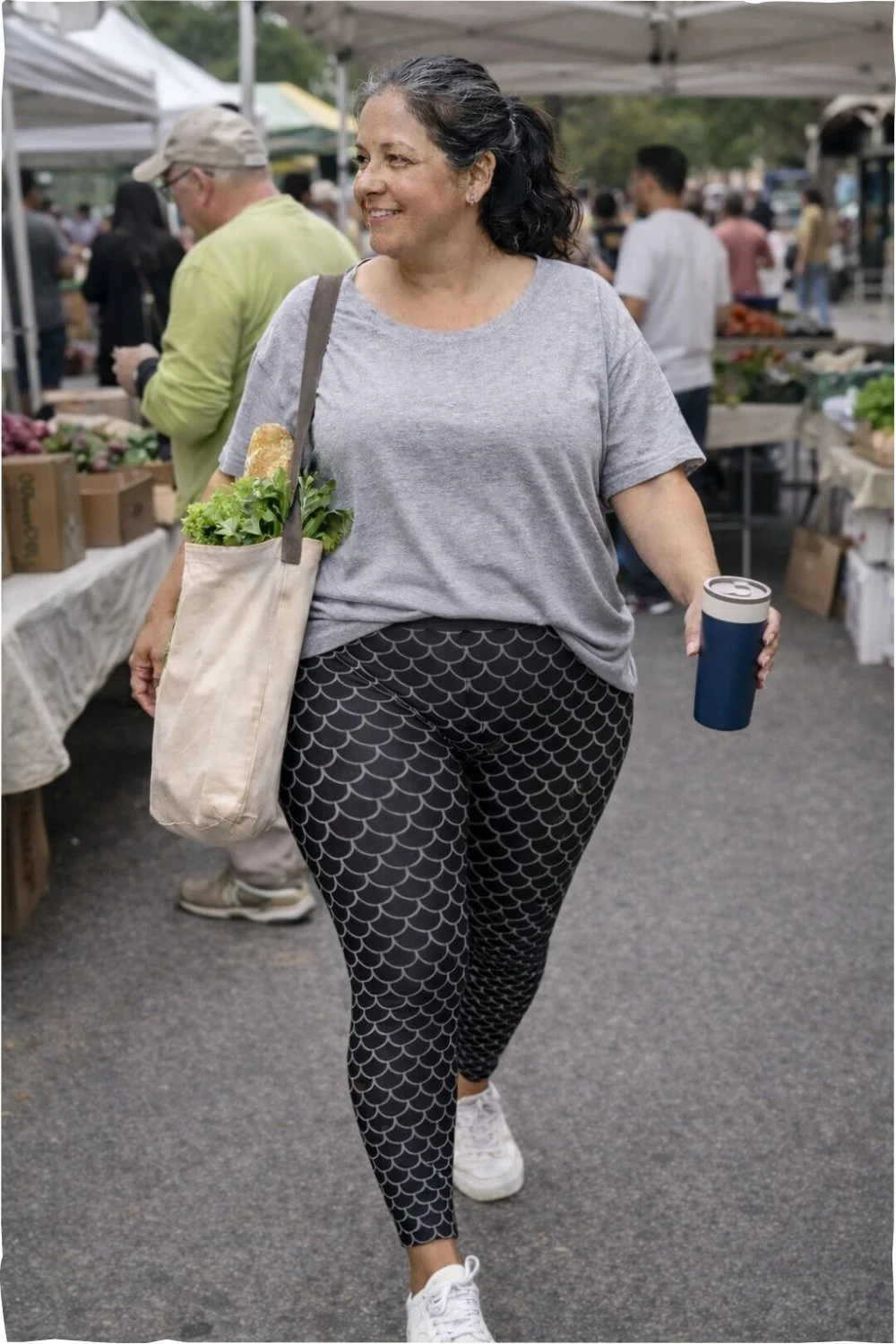 Women’s Black High-Waisted Leggings with Silver Fish Scale Pattern