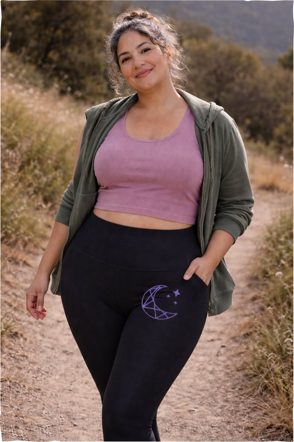 Women’s Black High-Waisted Leggings with Purple Geometric Moon