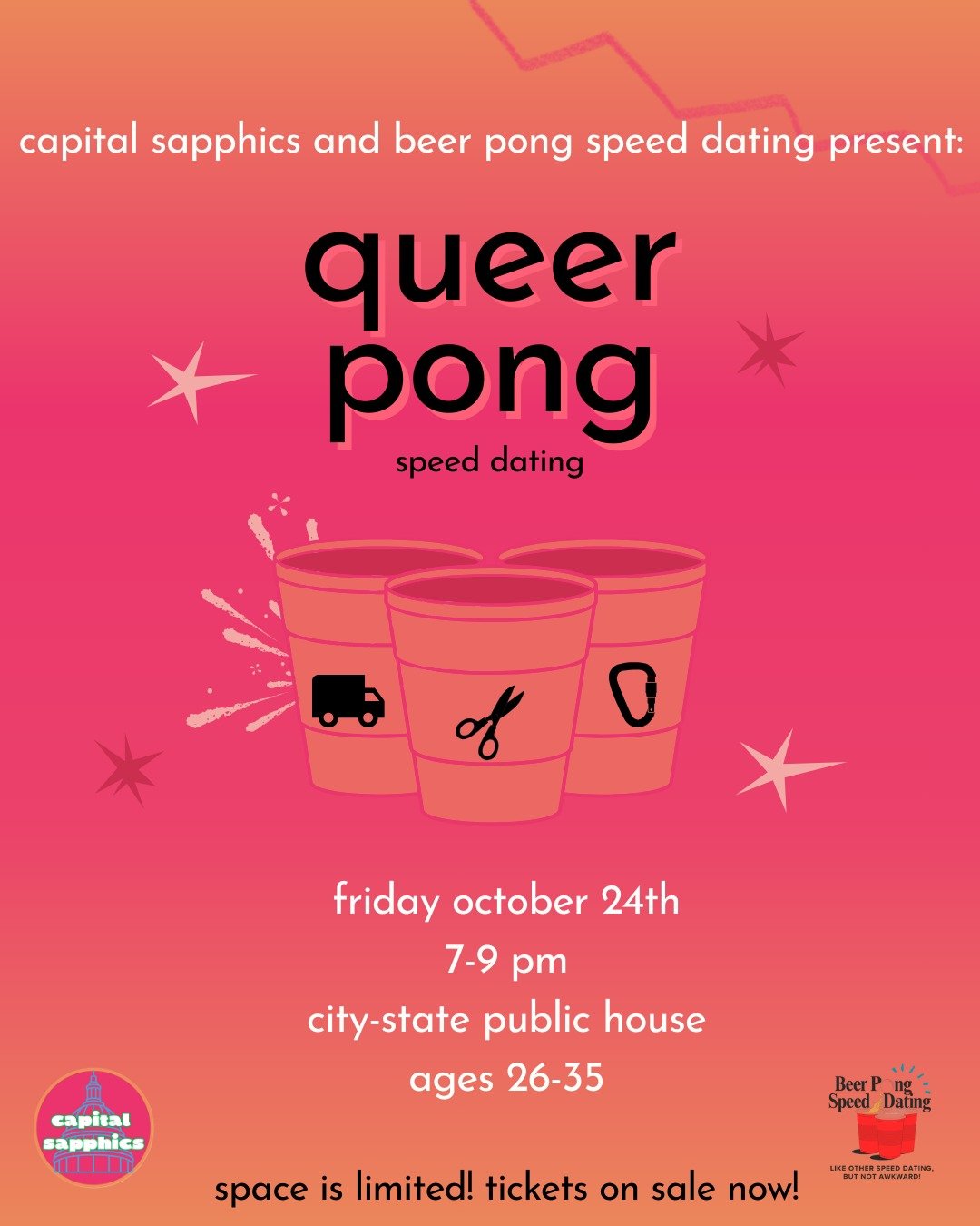 because nothing says sapphic romance like locking eyes over a red solo cup 💕🏓... join capital sapphics and @beerpongspeeddating for our first edition of queer pong at @citystatedc! space is limited, snag your tix in our linktree today! 🍻