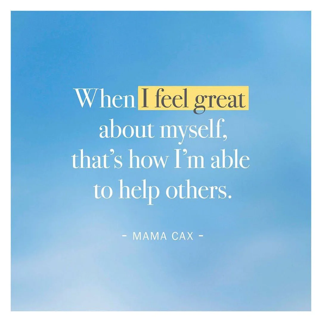 Inspirational quote on a blue gradient background that reads, 'When I feel great about myself, that's how I'm able to help others.' - Mama Cax.