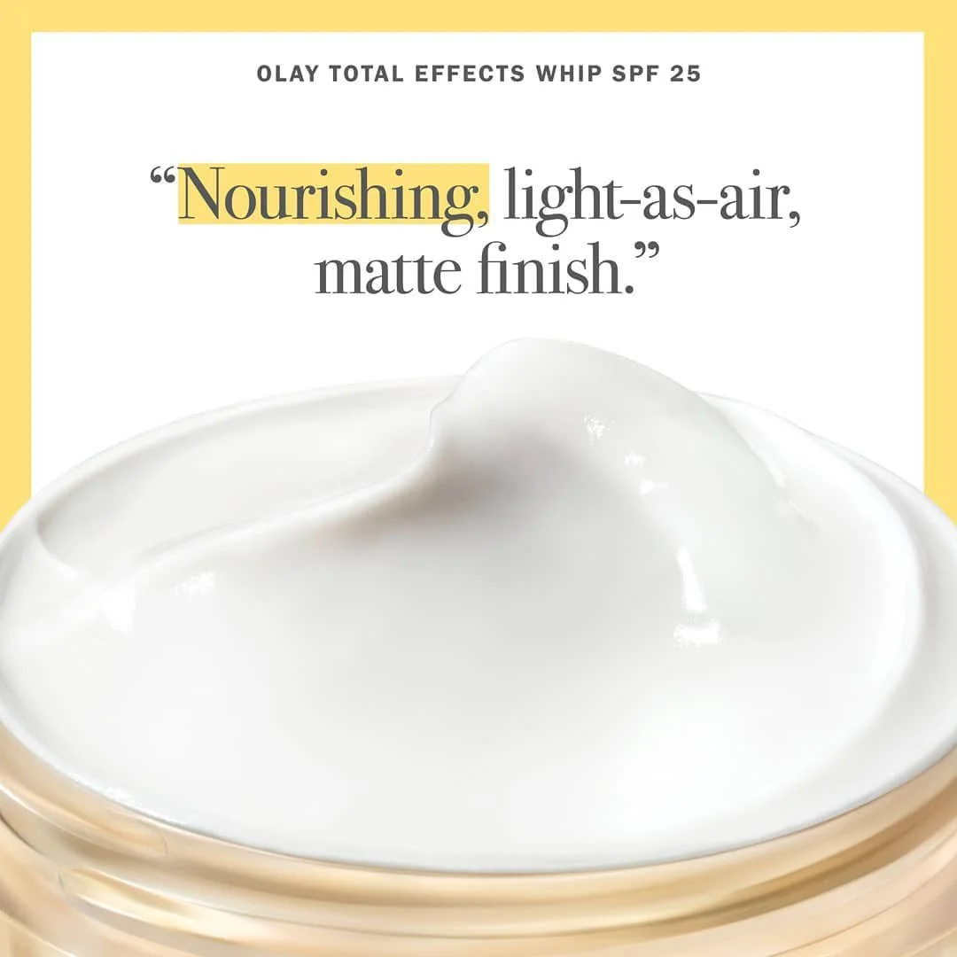 A jar of Olay Total Effects Whip SPF 25 moisturizer with a close-up of cream inside, and text highlighting nourishing, light-as-air, matte finish.