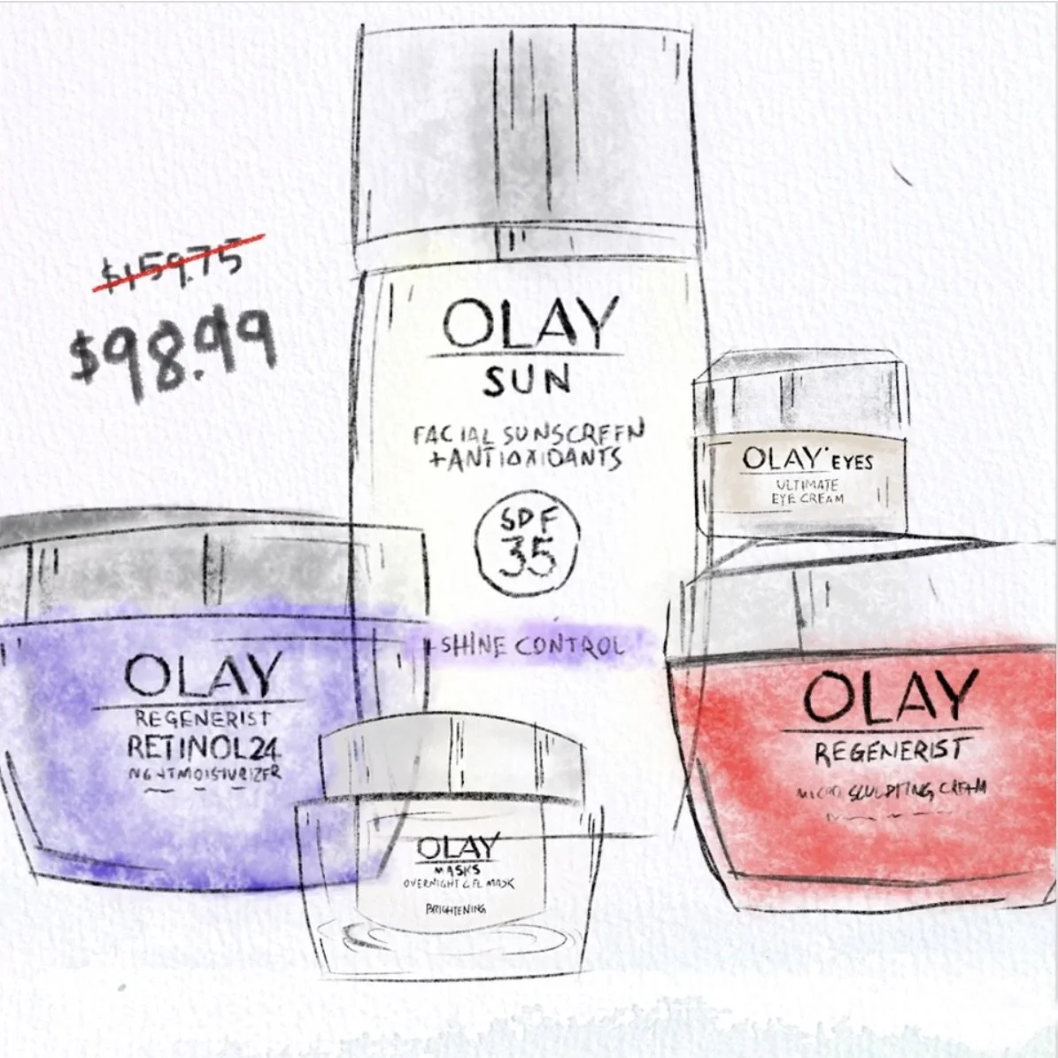 Hand-drawn sketch of Olay skincare products, including facial sunscreen, eye cream, moisturizer, and masks, with prices and labels.