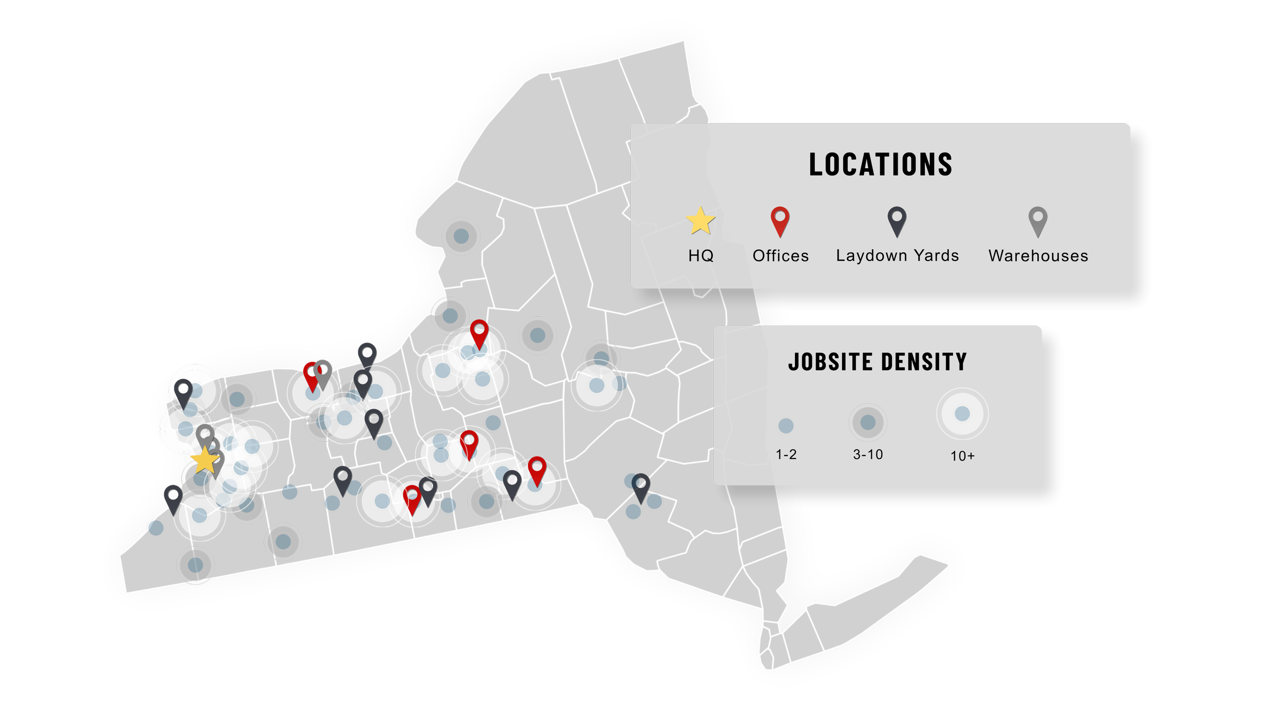 A map showing jobsite locations in a city with symbols indicating different types of sites such as headquarters, offices, laydown yards, and warehouses, along with a legend for jobsite density levels.