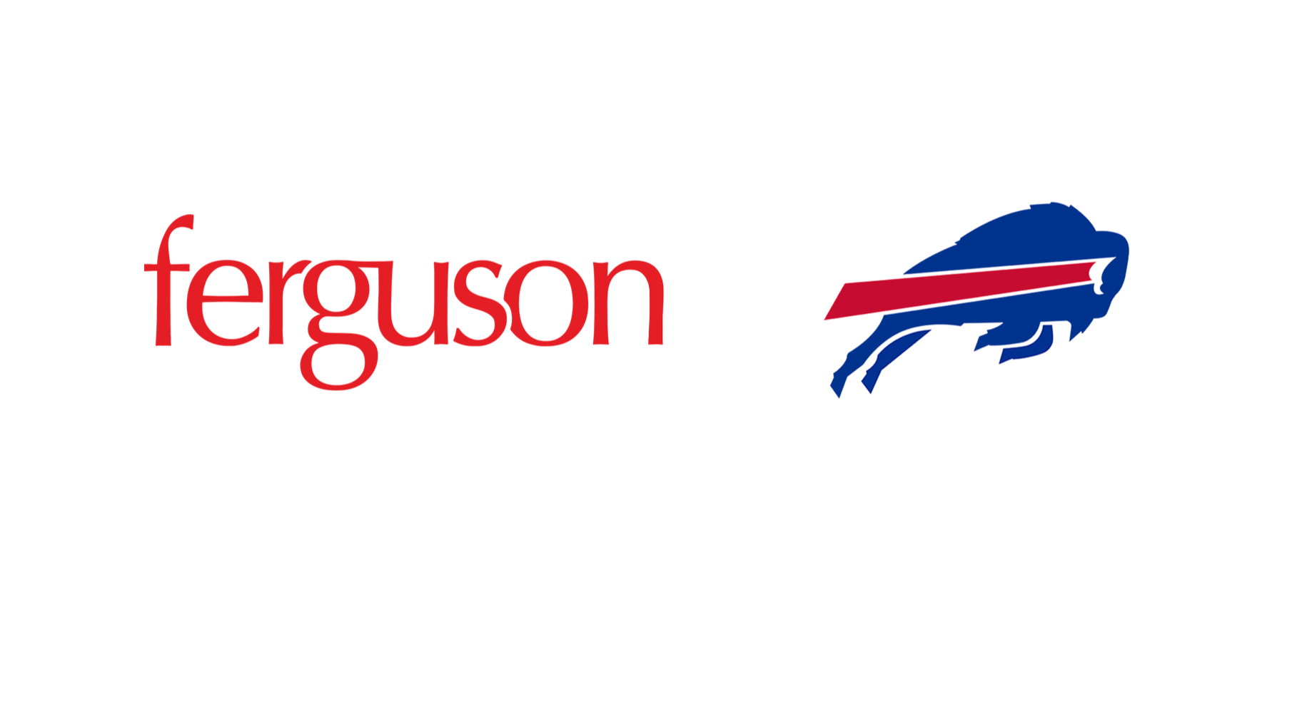 Logo combining the Ferguson brand name in red with a stylized blue buffalo mascot, and the Buffalo Bills team logo with a red streak across the buffalo's face.
