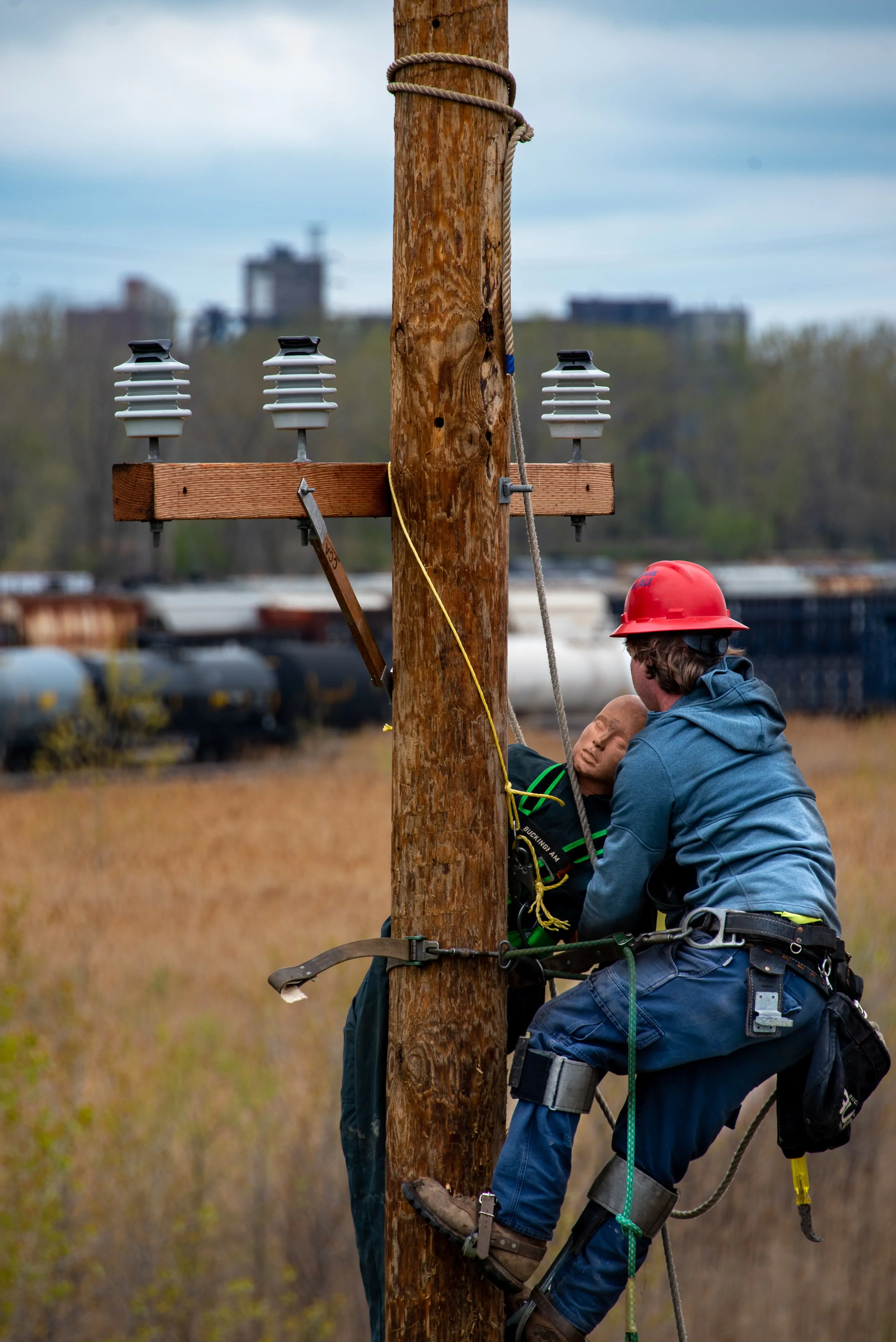 Two workers, one wearing a red safety helmet, are installing or repairing electrical utility poles and equipment outdoors in an open field with trees and buildings in the background. One worker is climbing while the other provides support.