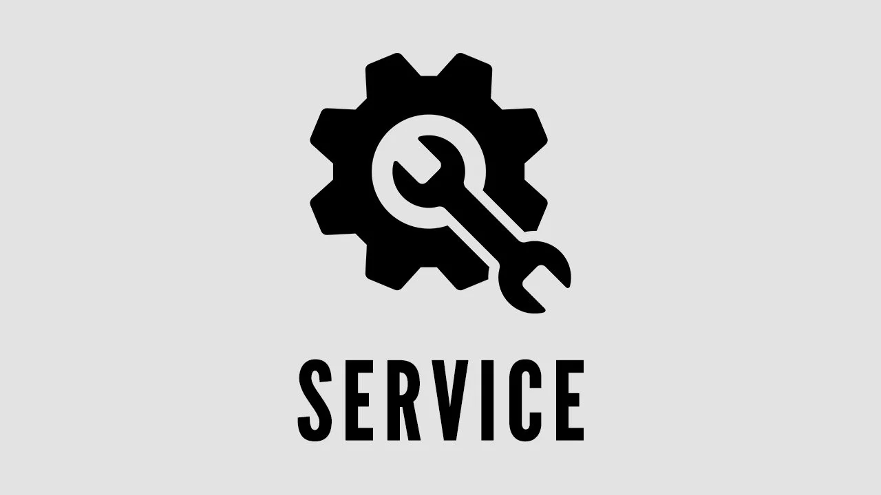 Black gear icon with a wrench and screwdriver crossed inside it, below the word 'SERVICE' in black capital letters, on a gray background.