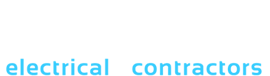 Logo with the words 'federated electrical contractors' in black and blue font, with a stylized electrical plug icon between 'electrical' and 'contractors'.
