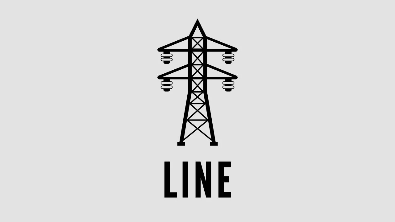 Black outline of an electric transmission tower with the word "LINE" underneath, on a light gray background.