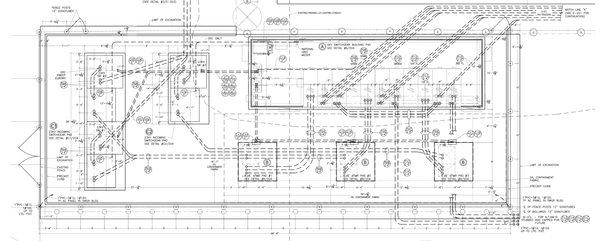 Architectural blueprint of a building's electrical and structural layout, including wiring, switchgear pads, conduits, and feature labels.