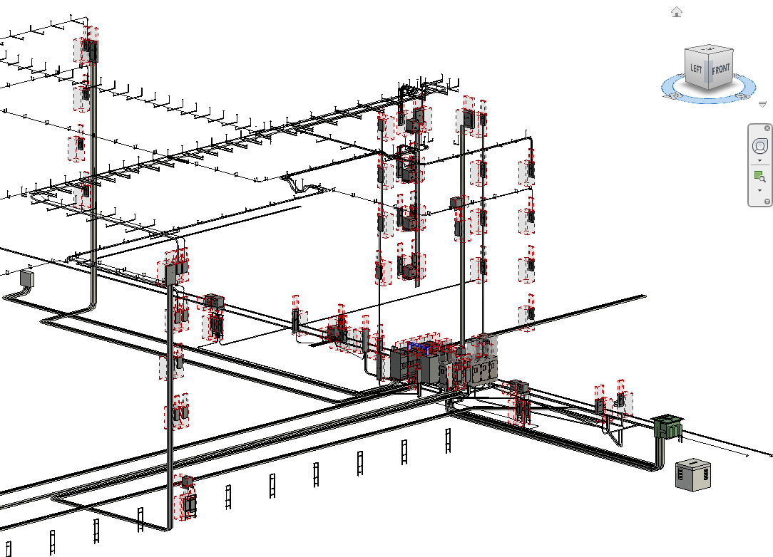 A digital diagram of an industrial electrical wiring system with interconnected panels, circuit breakers, and wiring pathways.