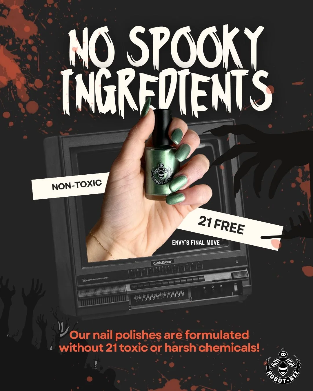 No spooky ingredients here 👻✨ Our 21-Free Nail Lacquer skips all the scary stuff - no toxins, no tricks, just gorgeous, long-lasting color you can feel good about wearing. 💅🎃 
🐝 🛒 Shop for your spooky shade at robotbeepolish.com!
&bull;
#21FreeN