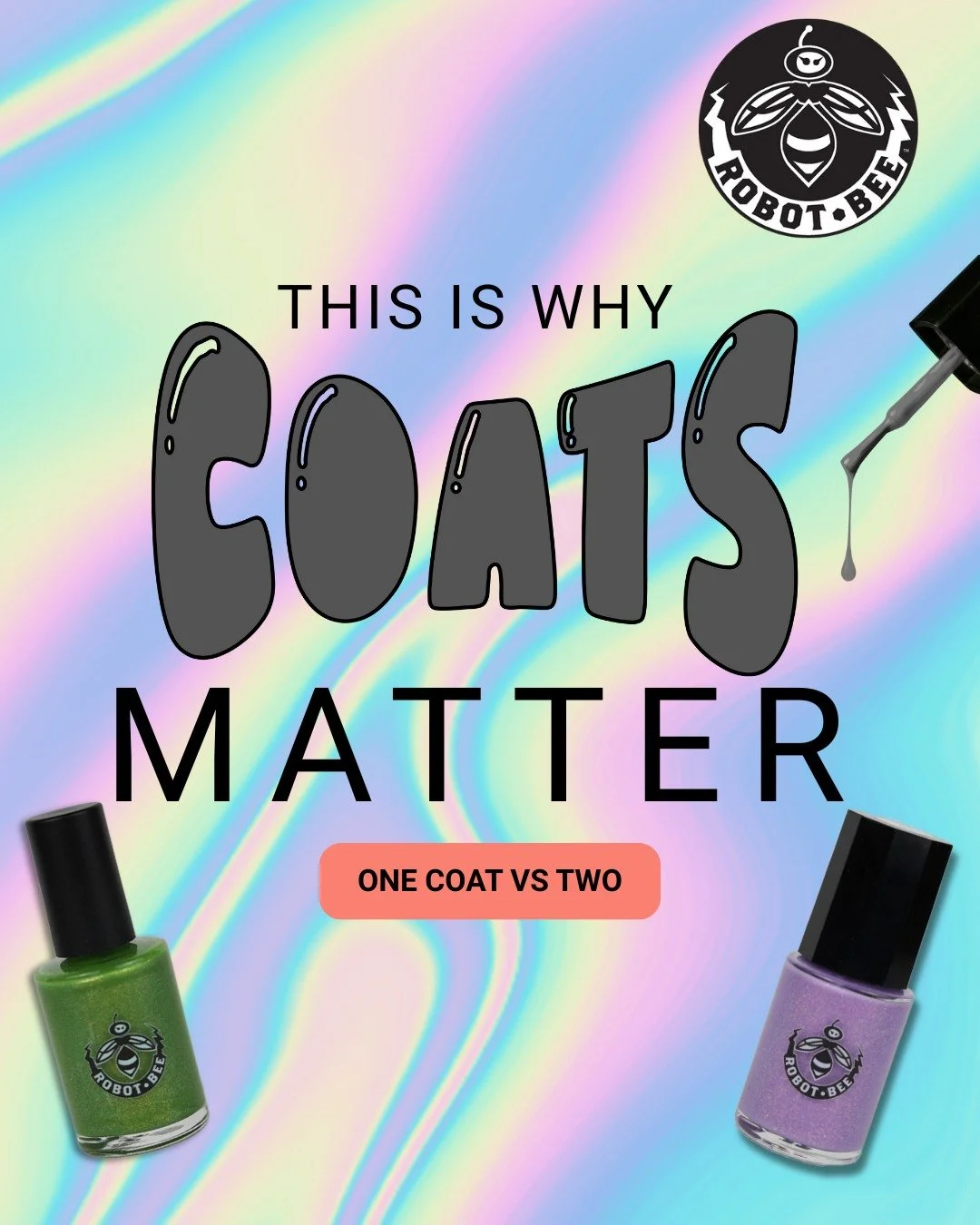 This is why coats matter 👀 Our formula is buildable by design. We recommend two coats for a bold look. ✨ PLUS don&rsquo;t forget Glossy Guard, our non-toxic top coat nail polish for long lasting shine! 💅 Shop Robot Bee now! 🛒 #NontoxicNailPolish #